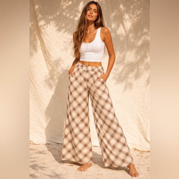 Free People Intimately Plaid Wide Leg Boho Pants Brown Cream Medium